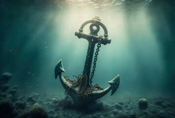 illustration of big iron anchor that abandoned at ocean floor with sung light shine through water surface