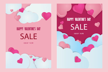 The 14th of February. Valentine's day discount vector banner. Postcard with Valentine elements, design of hearts in Paper Cut style. Vector illustration.