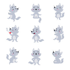 Cute Little Wolf Cub with Grey Coat Engaged in Different Activity Vector Set