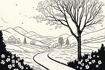 Fototapeta premium A springtime landscape line drawing features a field surrounded by trees and little hills. Generative AI
