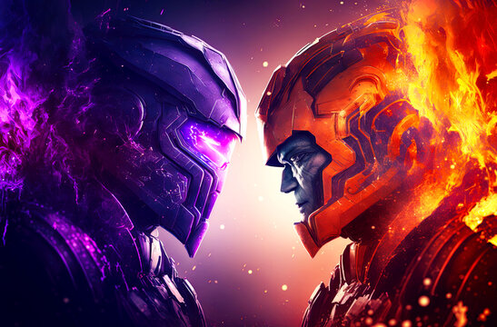 Two hero characters before match in purple and red color. Postproducted generative AI digital illustration.