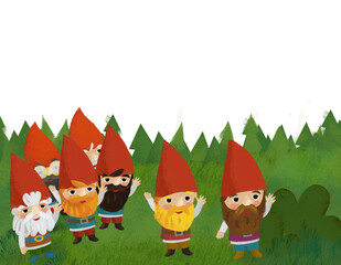 cartoon scene with dwarfs in the forest meadow illustration
