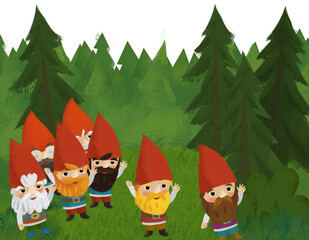 cartoon scene with dwarfs in the forest meadow illustration