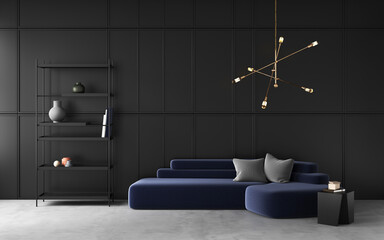 Modern living room with black paneling on the wall and navy blue color sofa, open metal shelf, hanging light, armchair. Decorative wall with embossed panels. Dark wall. Frame mockup. 3d render