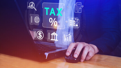 Business using computer to complete Individual income tax return form online for tax payment....