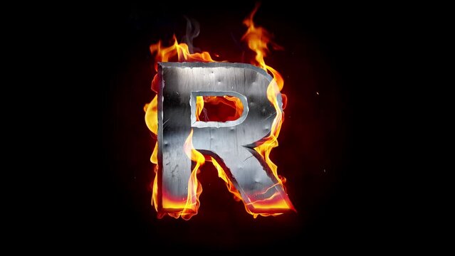 Burning metallic letter. Fiery font. Real fire flame, sparkles and smoke in slow motion isolated on black background.