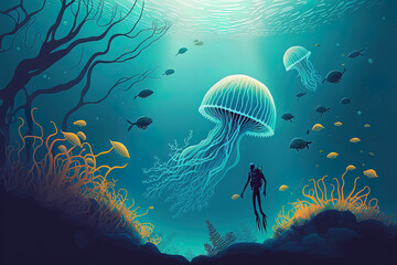 Fototapeta na wymiar A realistic underwater environment with plants and jellyfish. Generative AI