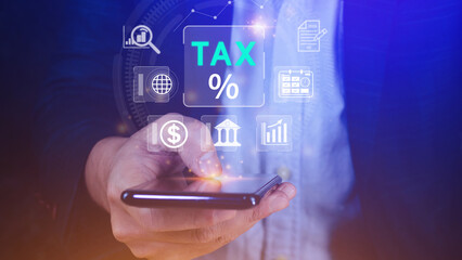 Business using smart phone to complete Individual income tax return form online for tax payment. Government, state taxes. Data analysis, paperwork, financial research, Calculation tax return.