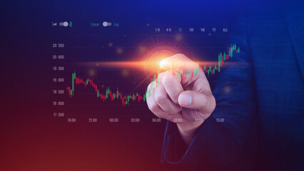 Businessman finger touch symbol stock graph and chart background, concept growth and development business investment, Stock market and strategy making market plan and stock market fluctuations