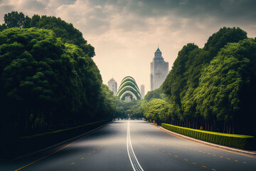 Scenery in Hangzhou, China, of a deserted asphalt road and the city skyline with contemporary structures. Generative AI