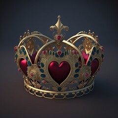 Royal crown with hearts, golden crown, isolated luxury royal jewelry, generative ai