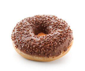 Tasty chocolate donut on white background