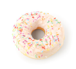 Tasty glazed donut with colorful sprinkles on white background