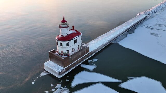 Aerial view of lighthouse with red roof at end of pier in middle of frozen winter lake at dawn. Dynamic drone video of lighthouse in winter.