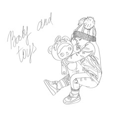 Baby with a toy. Vector coloring book in sketch style on a white background.