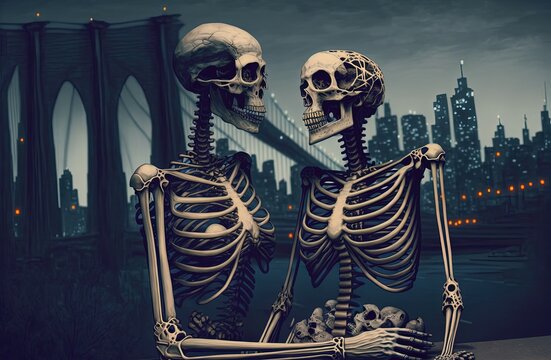 Illustration Of Couple Skeletons Spend Time Together At Night With Modern Urban Cityscape And Bridge As Background