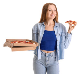 Beautiful young woman eating fresh pizza on white background