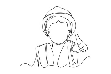 Continuous one line drawing Happy smart kid boy character wearing construction worker outfits. Supply chain management concept. Single line draw design vector graphic illustration.