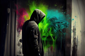 graffiti scene with man in trench coat  in a colourful scene, generative ai