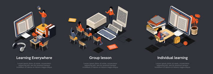 Online Studying From Anywhere, Group And Individual Distance Online E-Learning, Self Education. Students At Desks Listening To Teacher, Taking Remote Courses. Isometric 3d Vector Illustrations Set