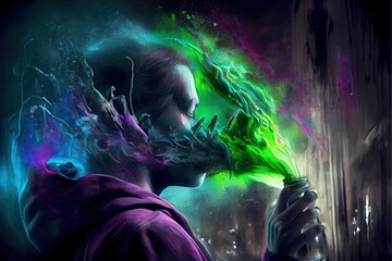 Fototapeta na wymiar graffiti sprayer artist with mask in a colourful scene, generative ai 
