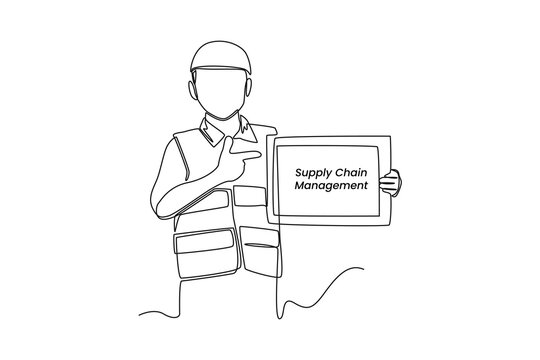 Continuous one line drawing Happy smart kid boy character wearing construction worker outfits. Supply chain management concept. Single line draw design vector graphic 