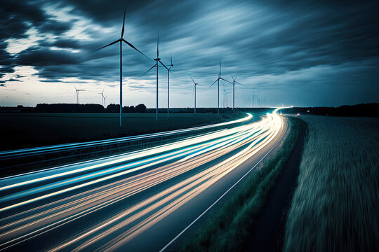  Autobahn at daybreak with light trails and motion blur representing the revolution in energy and mobility as it passes wind farms and heads towards a power plant. Generative AI