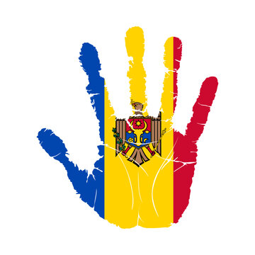recommend clip art: Handprint with the flag of Moldova. Hand print, which bears the Moldova flag. Grunge Imprint Hand in the Colors of Moldova Flag on White Background. Vector illustration