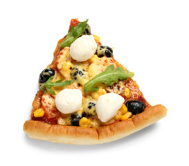 Slice of pizza with arugula and mozzarella on white background