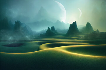 3d rendered Space Art: Alien Planet - A Fantasy alien landscape with huge planet at the horizon