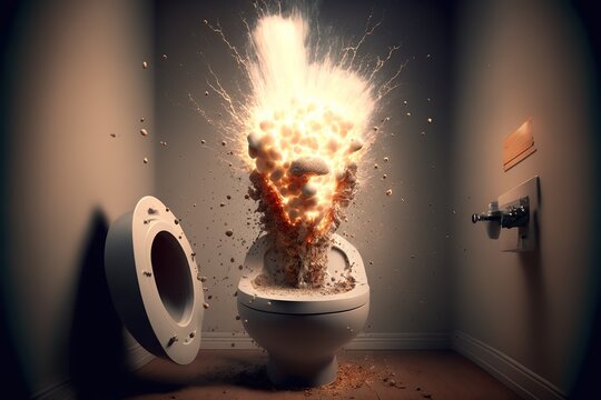 Exploding toilet bowl in bahroom, created with Generative AI technology