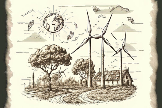 Sketch of solar panels and wind turbines. Generative AI