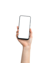 Female hand with modern mobile phone isolated on white background