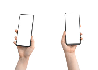 Female hands with modern mobile phones isolated on white background