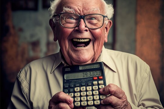 Working pensioner showing calculator, concept of additional income for retired, created with Generative AI technology