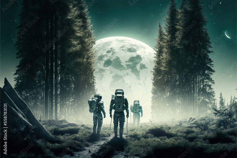 Wall mural open space astronauts landing on the moon covered with forest, created with generative ai technology