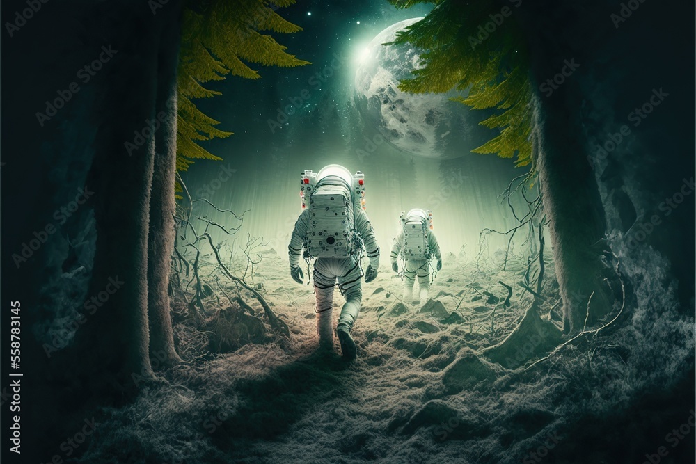 Wall mural open space astronauts landing on the moon covered with forest, created with generative ai technology