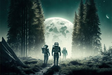 Open space astronauts landing on the moon covered with forest, created with Generative AI technology