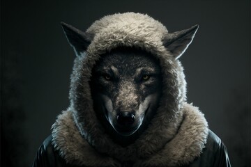 Portrait of a wolf in sheep's clothing, Ai illustration - obrazy, fototapety, plakaty