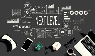 Next level concept with electronic gadgets and office supplies - flat lay