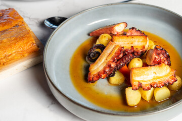 Delicious plate of octopus in sauce with potatoes and a Galician empanada. High quality photo