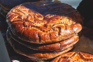 View of traditional armenian local candy sweets delights with churchkhela, sweet sausage, sudzhuk, dried fruits, walnuts and others for sale in a local vendor souvenir shop kiosk of Yerevan, Armenia