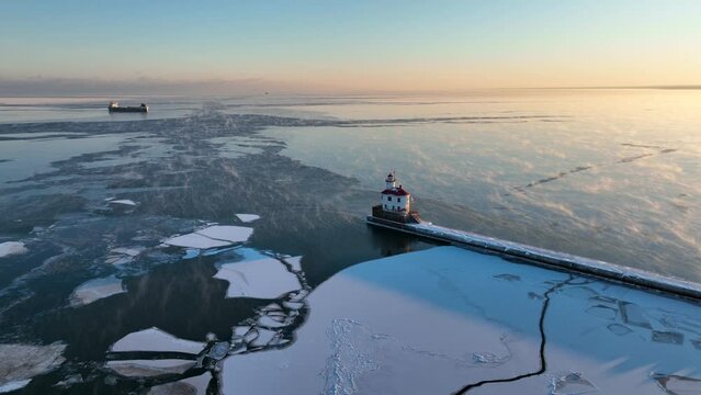 Lone lighthouse on icy lake in winter with cargo ship in the distance. Aerial drone footage of tranquil scene on Great Lakes.
