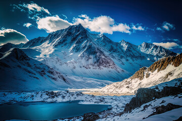 Obraz premium Stunning snow covered mountain range. Generative AI