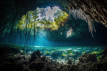 Obraz premium View in a submerged cenote with stalactites underwater, cave diving, and Yucatan, Mexico. Generative AI