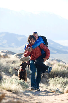 Young couple hiking near Bishop, California.