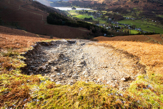 Landslip scars on Stone Arthur above Grasmere, Lake District, UK