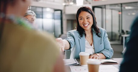 Deal, handshake and applause with business people in meeting for partnership, target and success. Winner, congratulations and welcome with employee shaking hands for sales, thank you and goals