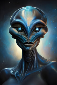 Alien portrait. An original, high quality, big size digital graphical work, mixed media. Based on AI generated image.