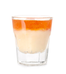 Shot of delicious vanilla pudding with jam isolated on white background